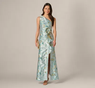 Adrianna Papell Petite One Shoulder Floral Jacquard Rosette Gown In Blue Multi