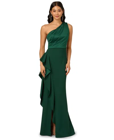 Adrianna Papell Petite One-shoulder Satin Gown In Green