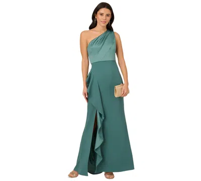 Adrianna Papell Petite One-shoulder Satin Gown In Greenslate