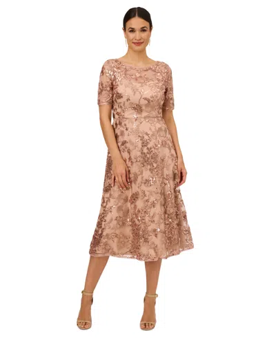 ADRIANNA PAPELL PETITE SEQUIN EMBROIDERED BOAT-NECK DRESS