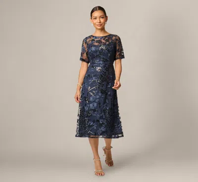 Adrianna Papell Petite Sequin Embroidered Midi Dress With Sheer Short Sleeves In Navy In Blue