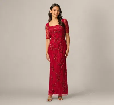 Adrianna Papell Petite Short Sleeve Linear Floral Beaded Column Gown In Cranberry In Red