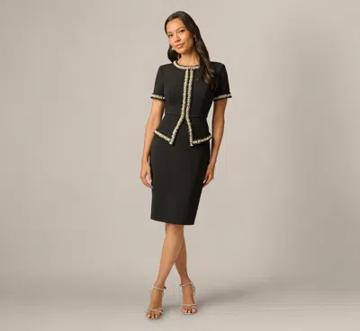 Adrianna Papell Petite Short Sleeve Pearly Trim Peplum Stretch Sheath Dress In Black