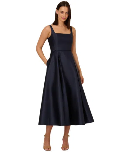 Adrianna Papell Petite Square-neck Sleeveless Midi Dress In Midnight