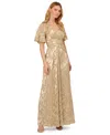 ADRIANNA PAPELL PETITE SURPLICE-NECK FOIL LEAF DRAPED GOWN