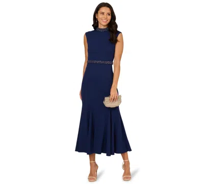 Adrianna Papell Petites Mock-neck Crepe Midi Dress In Blue