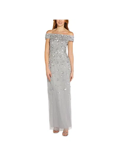 Adrianna Papell Petites Womens Embellished Off-the-shoulder Evening Dress In Grey