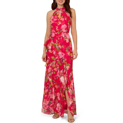 Adrianna Papell Petites Womens Printed Chiffon Halter Dress In Pink Multi