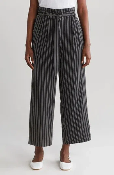 Adrianna Papell Pinstripe Tie Waist Pants In Black/pebble Relaxed Stripe