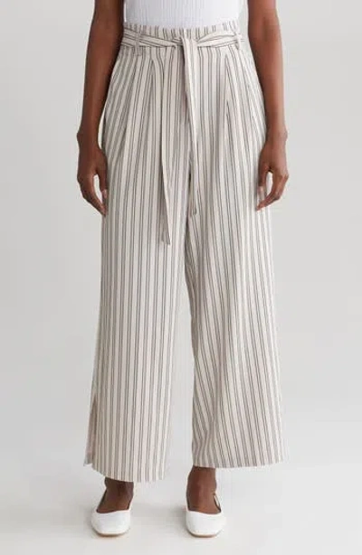 Adrianna Papell Pinstripe Tie Waist Pants In Pebble/black Relaxed Stripe