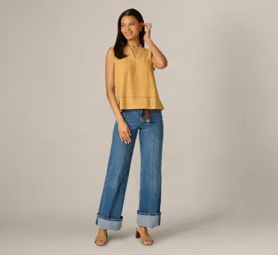Adrianna Papell Pintuck Ruffle Crinkle Tank Top In Golden Maize Ivory In Brown