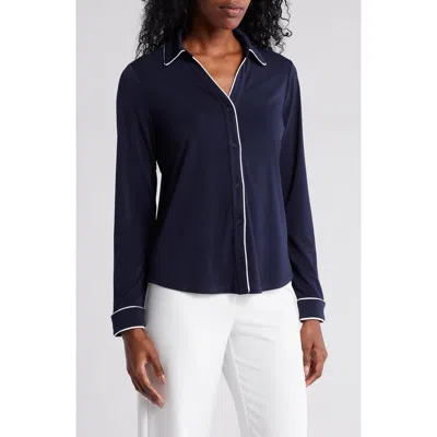 Adrianna Papell Piped Long Sleeve Top In Blue Moon/white