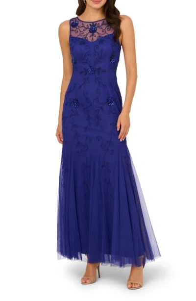 Adrianna Papell Placed Beaded Floral Mesh Mermaid Gown In Blue