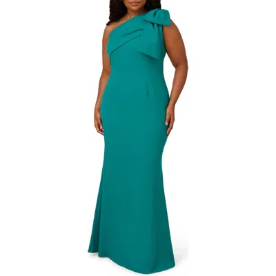 Adrianna Papell Pleated Bow One-shoulder Stretch Crepe Mermaid Gown In Tempo Teal