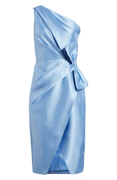 Adrianna Papell One Shoulder Draped Bow Cocktail Dress In Icy Topaz In Blue