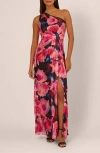 Adrianna Papell Pleated Floral One-shoulder Chiffon Gown In Multi