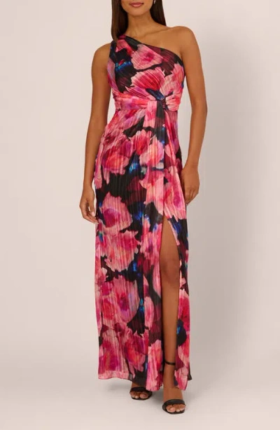 Adrianna Papell Pleated Floral One-shoulder Chiffon Gown In Multi