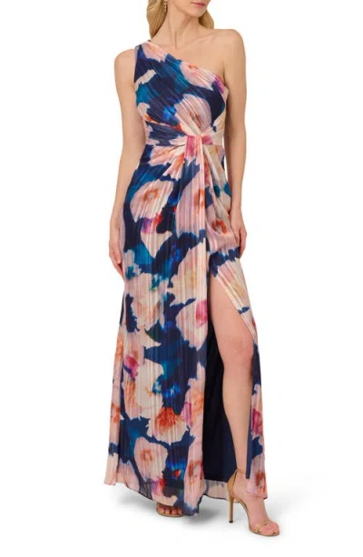 Adrianna Papell Pleated Floral One-shoulder Chiffon Gown In Navy/blush