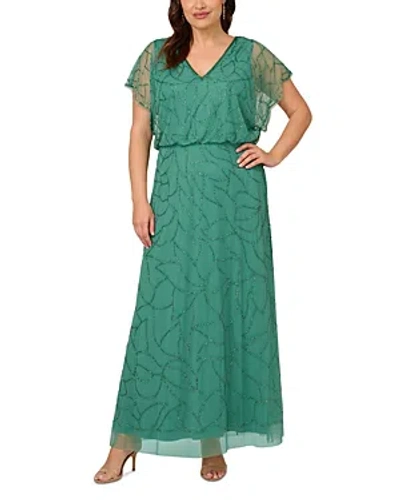 Adrianna Papell Plus Beaded Blouson Gown In Green