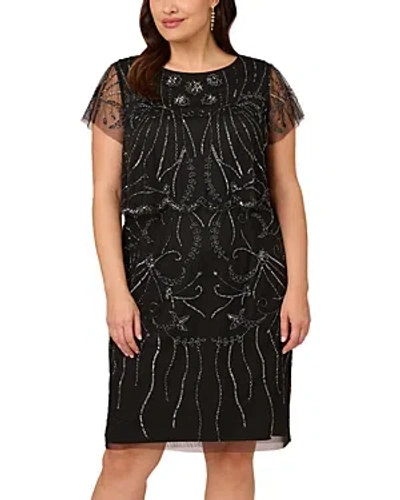 Adrianna Papell Beaded Cocktail Dress In Black/gunmetal