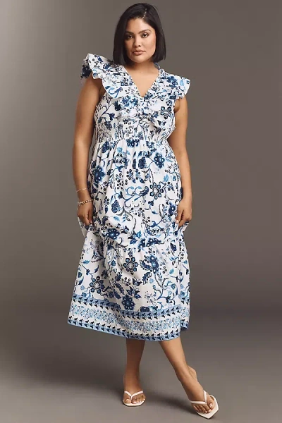 Adrianna Papell Plus Printed Ruffle Midi Dress In White,blue Multi