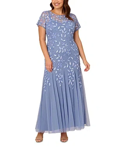 Adrianna Papell Plus Short Sleeve Beaded Dress In French Blue
