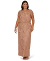 Adrianna Papell Plus Size Bead Blouson Boat Neck Long Dress In Brown