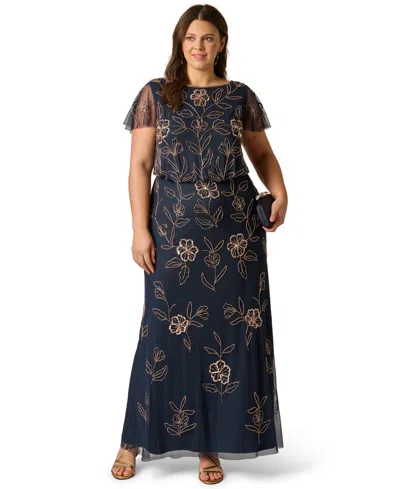 Adrianna Papell Plus Size Flutter Sleeve Floral Beaded Blouson Gown In Navy Rosegold In Blue