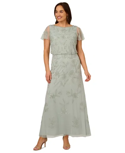 Adrianna Papell Plus Size Beaded Blouson Dress In Aqua Dust