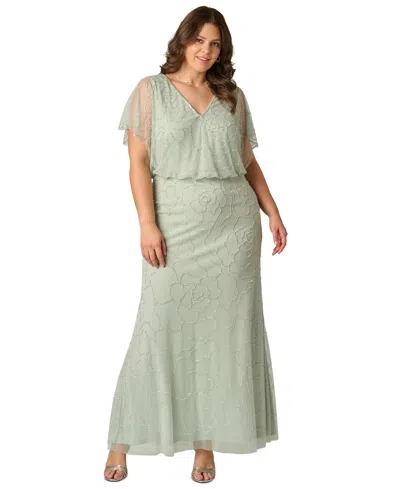 Adrianna Papell Plus Size Beaded Blouson-sleeve Ball Gown In Gray