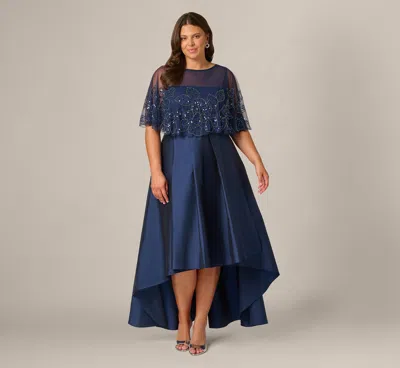 Adrianna Papell Plus Size Beaded Cape High Low Taffeta Combo Gown In Light Navy In Blue