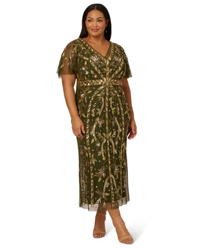 Adrianna Papell Plus Size Beaded Flutter Sleeve Midi Dress In Green