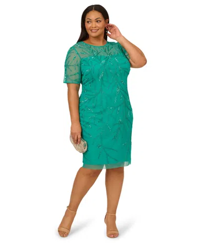 Adrianna Papell Plus Size Beaded Mesh Sheath Dress In Blue