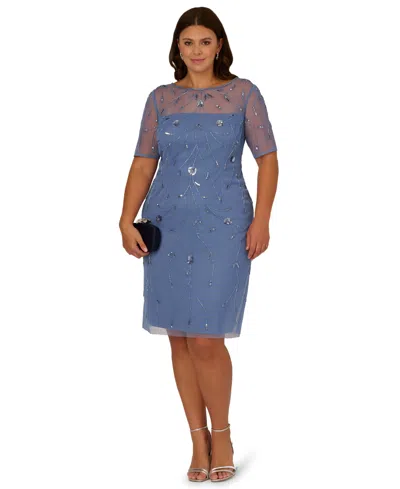 Adrianna Papell Plus Size Beaded Mesh Sheath Dress In Blue