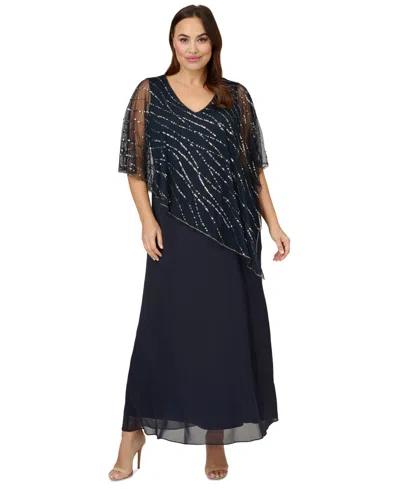 Adrianna Papell Plus Size Beaded Popover Gown In Midnight