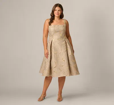 Adrianna Papell Plus Size Beaded Square Neck Metallic Fit And Flare Midi Dress In Mink In Brown