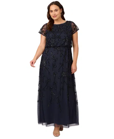 Adrianna Papell Plus Size Blouson Beaded Short-sleeve Gown In Navy Black