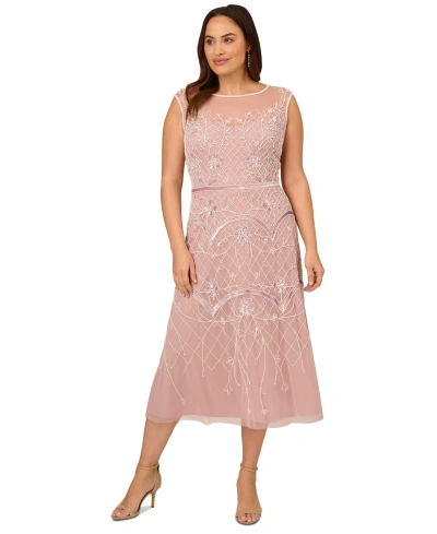 Adrianna Papell Plus Size Boat-neck Cap-sleeve Beaded Dress In Dusted Petal,ivory