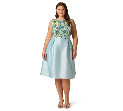 Adrianna Papell Floral Beaded Shantung Fit And Flare Dress In Sky Multi In Blue