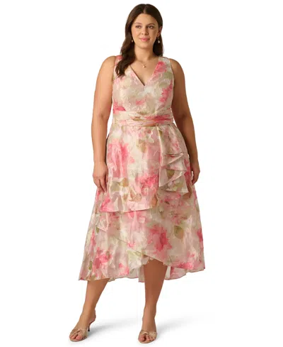 Adrianna Papell Plus Size Floral Organza Cascade High Low Midi Dress In Sage Multi