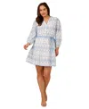 Adrianna Papell Long Sleeve Cotton Minidress In Light Blue,ivory