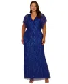 Adrianna Papell Beaded Mesh Gown In Ultra Blue