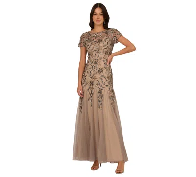 Adrianna Papell Plus Size Floral-beaded Gown In Mercury,nude