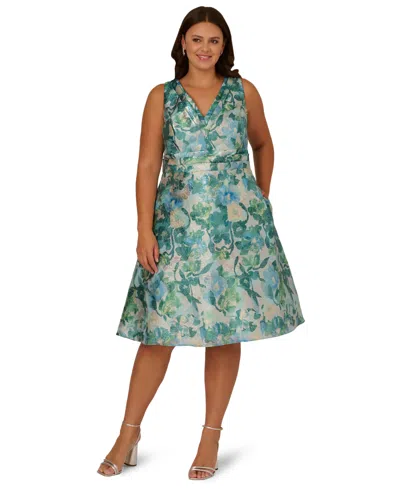 Adrianna Papell Plus Size Floral Jacquard Midi Dress In Green