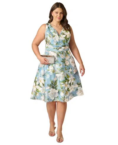 Adrianna Papell Plus Size Magnolia Floral Jacquard A Line Midi Dress In Blue Multi
