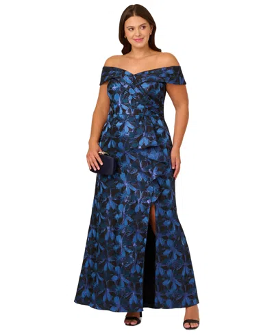 Adrianna Papell Metallic Floral Jacquard Off The Shoulder Gown In Blue Multi