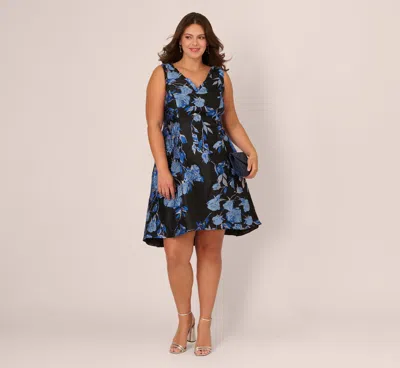 Adrianna Papell Plus Size Floral Jacquard Short Fit And Flare Dress In Blue Black Multi