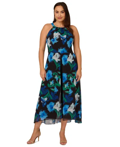 Adrianna Papell Plus Size Floral-print Halter Jumpsuit In Black Multi