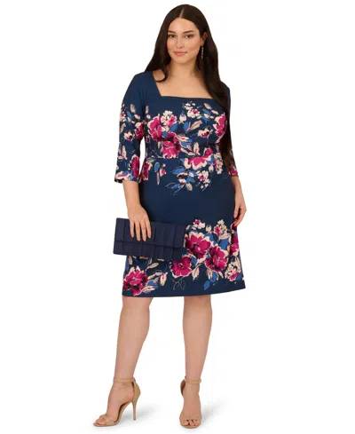 ADRIANNA PAPELL PLUS SIZE FLORAL PRINTED MIDI DRESS