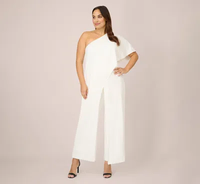 Adrianna Papell Plus Size Flutter One Shoulder Jumpsuit In Ivory In White